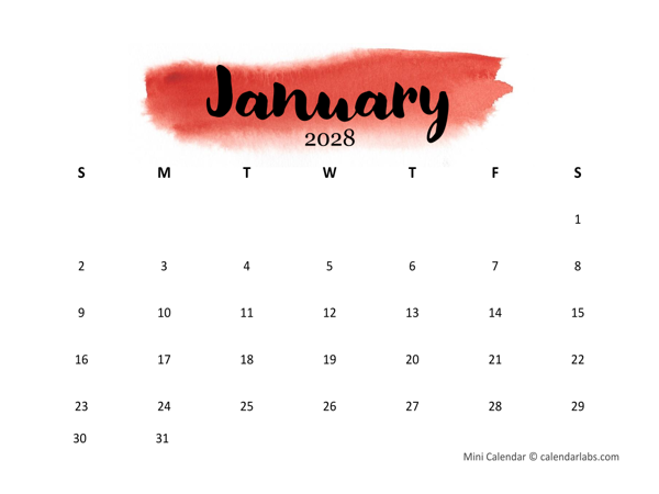 2028 Printable Mini Calendar
