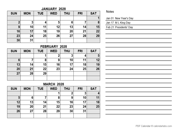 2028 Quarterly Calendar PDF