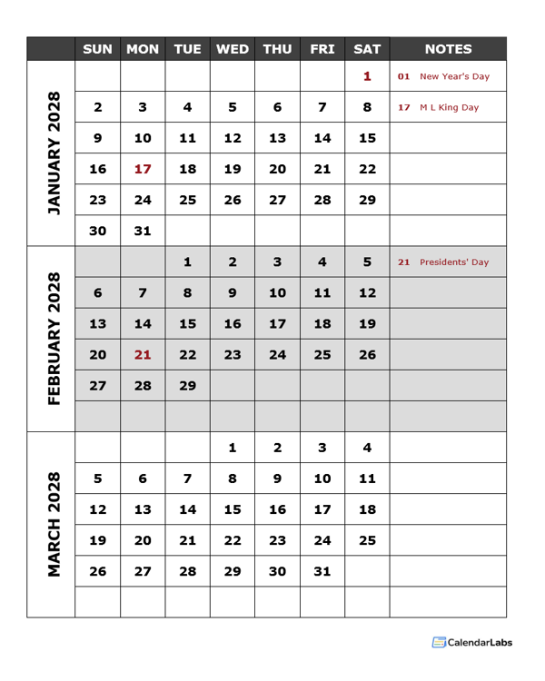 2028 Quarterly Events Calendar Word Template