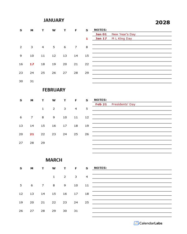 2028 Quarterly Portrait Calendar Template