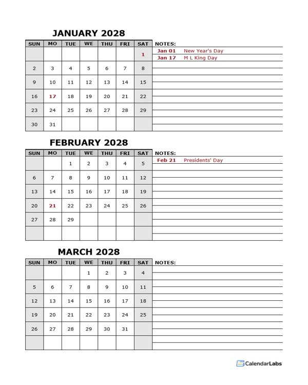 2028 Quarterly Word Calendar With Holidays