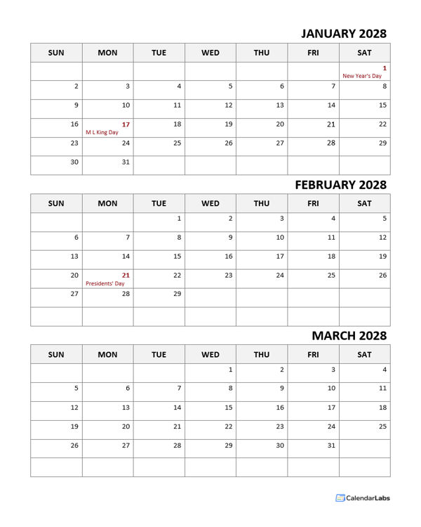 2028 Quarterly Word Calendar Template With Notes