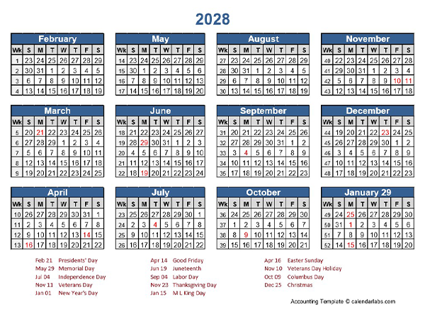 2028 Retail Accounting Calendar 4-4-5