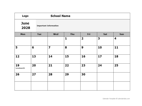 2028 School Monthly Mon Jun-Sep Calendar