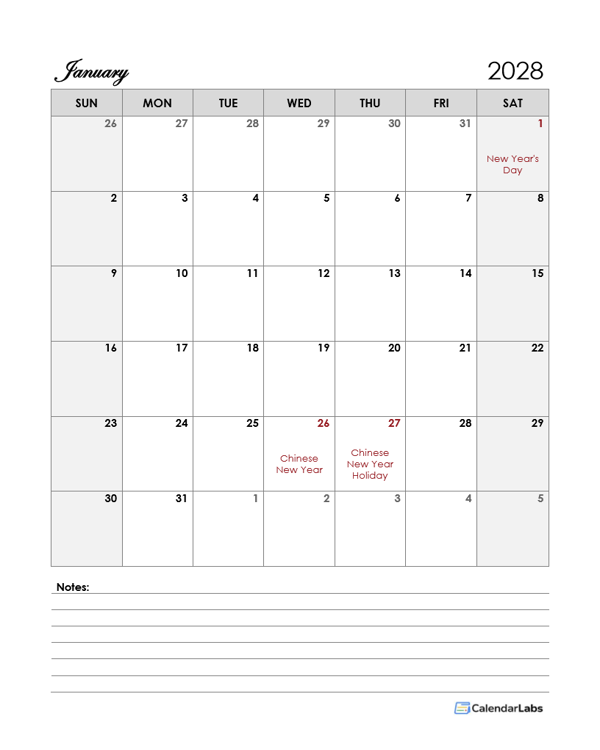 2028 Singapore Calendar Template Large Boxes
