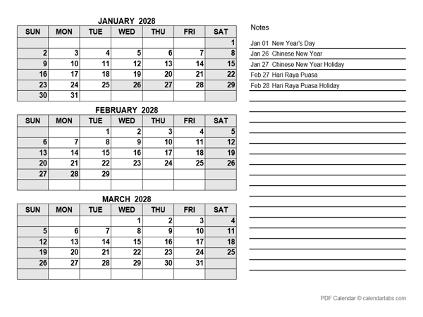 2028 Singapore Quarterly Calendar with Holidays