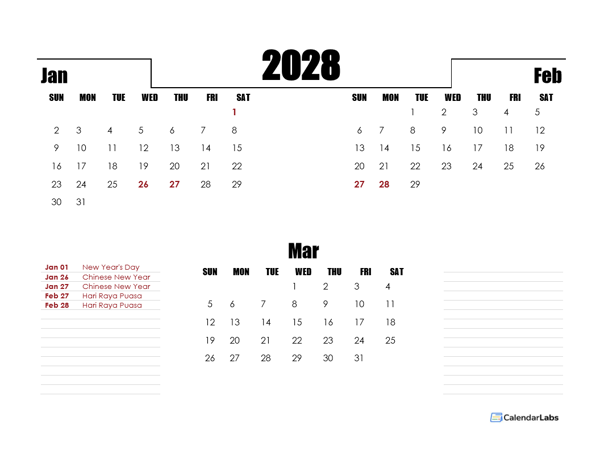 2028 Singapore Quarterly Planner Template