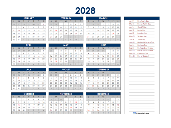 2028 South Africa Annual Calendar with Holidays