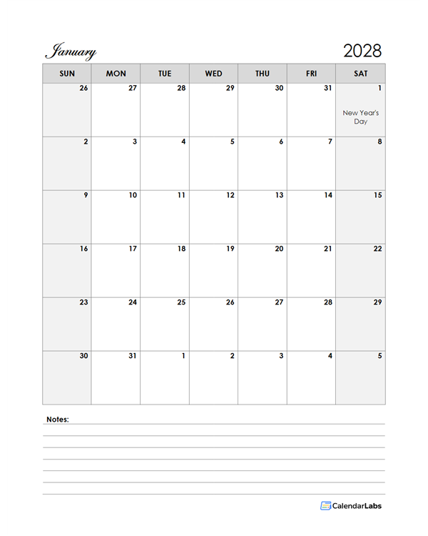 2028 South Africa Calendar Template Large Boxes