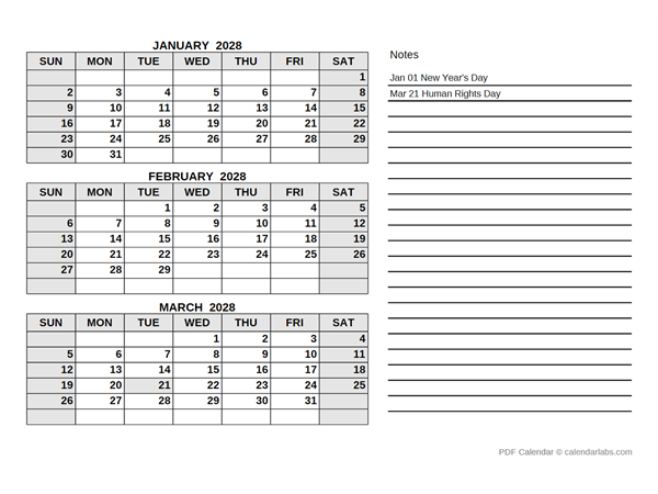 2028 South Africa Quarterly Calendar with Holidays