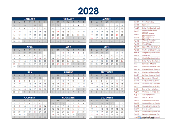 2028 Spain Annual Calendar with Holidays