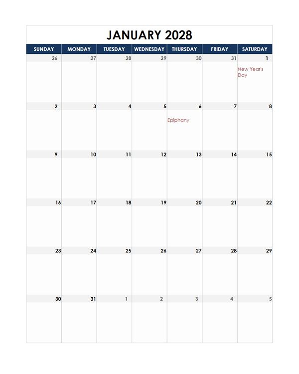 2028 Spain Calendar Spreadsheet Template
