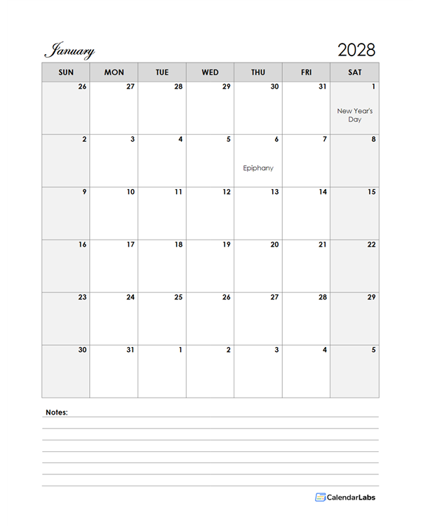 2028 Spain Calendar Template Large Boxes