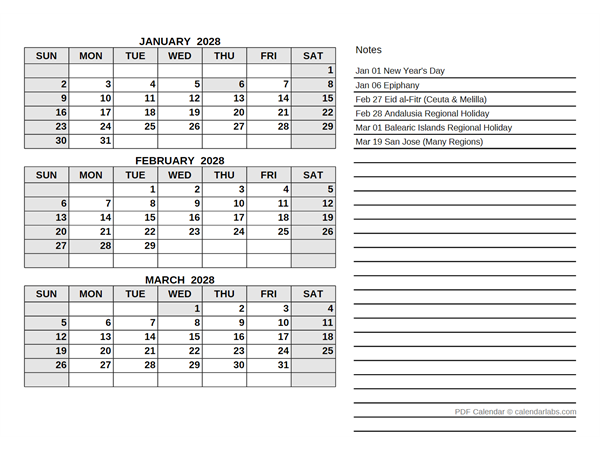2028 Spain Quarterly Calendar with Holidays