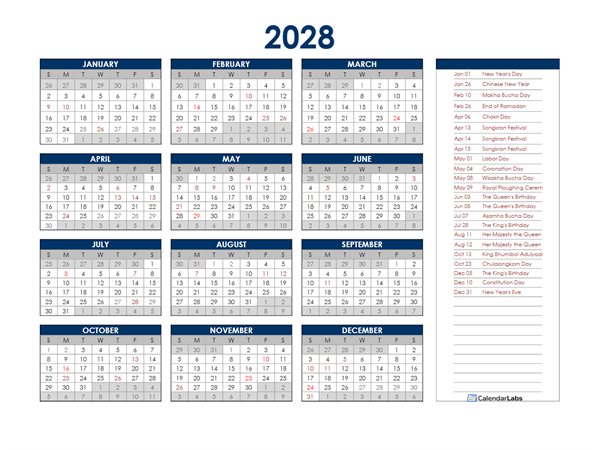 2028 Thailand Annual Calendar with Holidays