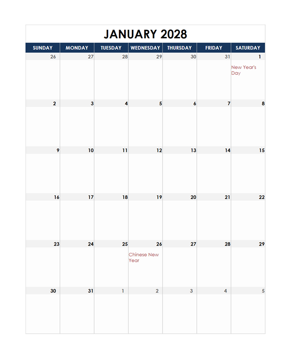 2028 Thailand Calendar Spreadsheet Template