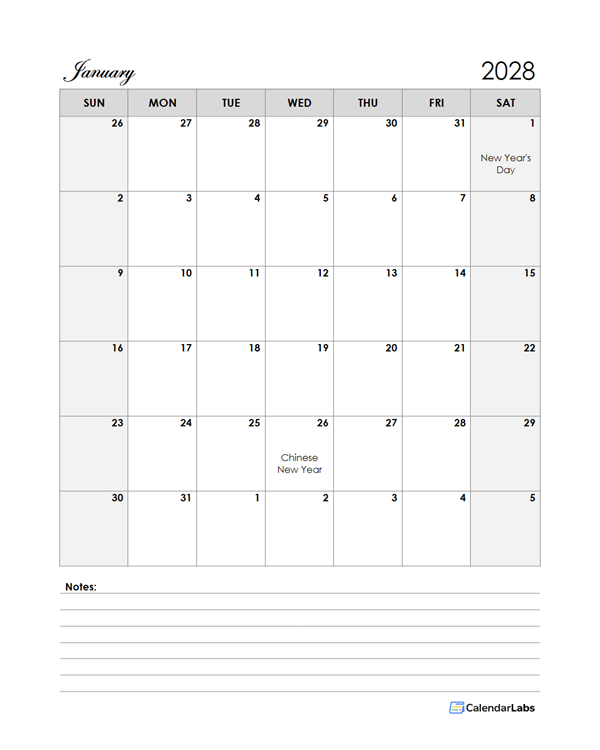 2028 Thailand Calendar Template Large Boxes