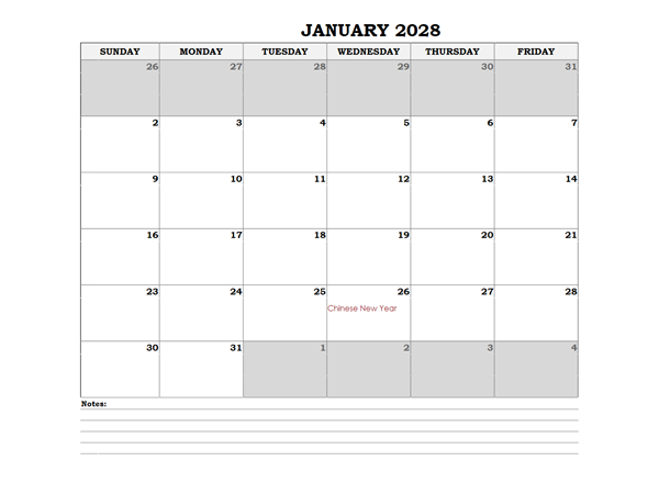 2028 Thailand Monthly Calendar with Notes