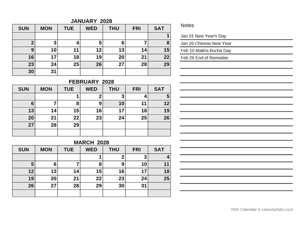 2028 Thailand Quarterly Calendar with Holidays