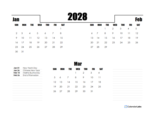 2028 Thailand Quarterly Planner Template