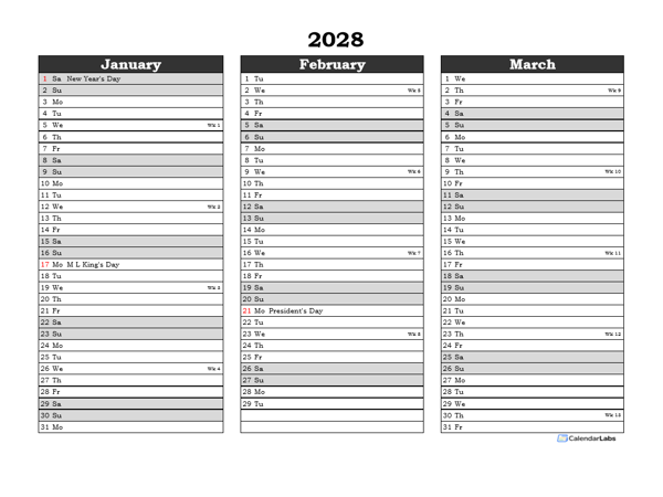 Editable 2028 Three Month Calendar