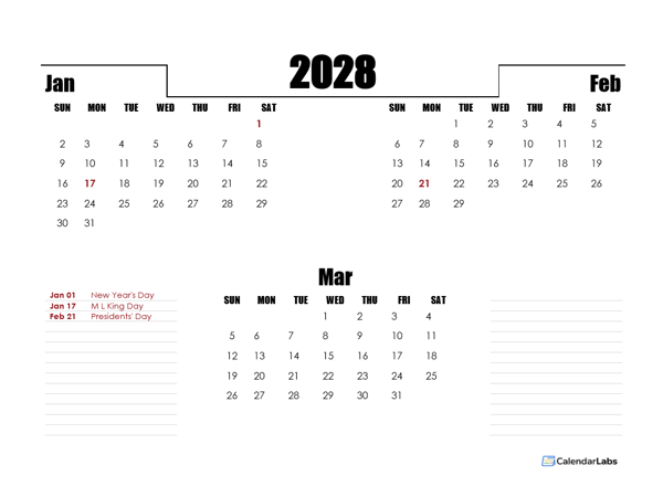 2028 Three Months Word Calendar Template