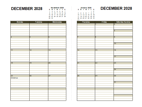 2028 Two Page Monthly Calendar A3