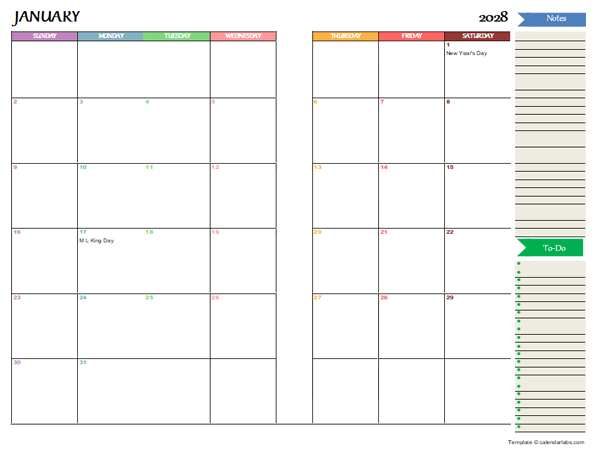 2028 Two Page Monthly Spreadsheet Calendar