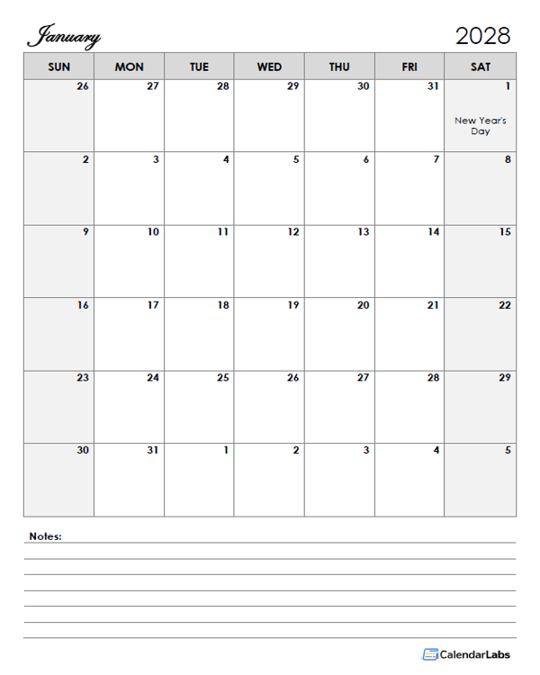 2028 UAE Calendar Template Large Boxes
