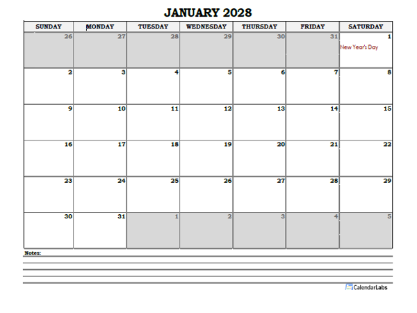 2028 UAE Monthly Calendar with Notes