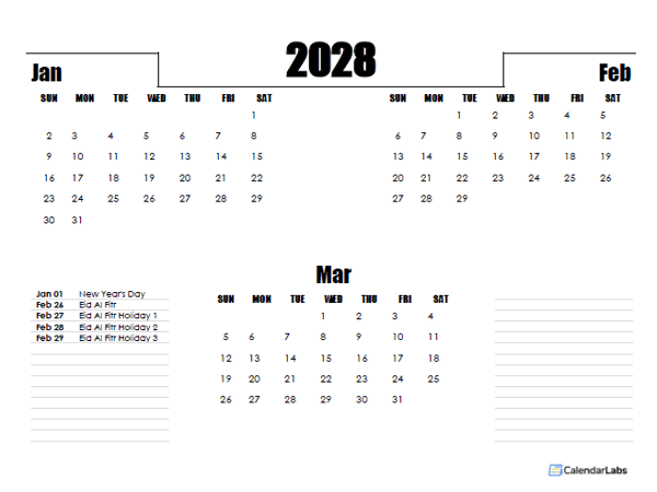 2028 UAE Quarterly Planner Template