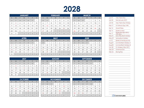 2028 UK Annual Calendar with Holidays