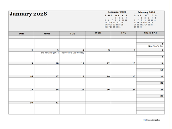 2028 UK Calendar For Vacation Tracking
