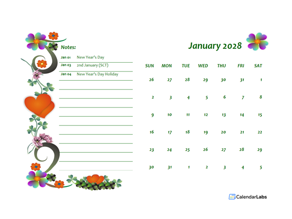 2028 UK Calendar Free Printable Template