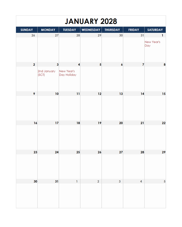 2028 UK Calendar Spreadsheet Template