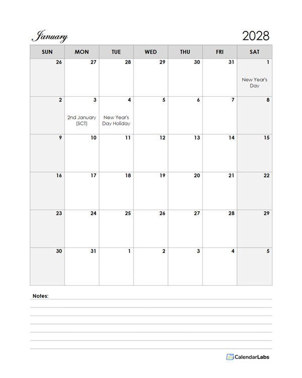 2028 UK Calendar Template Large Boxes