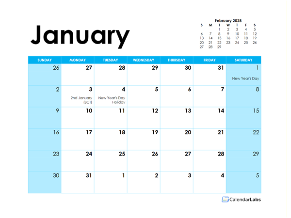 2028 UK Monthly Calendar Colorful Design
