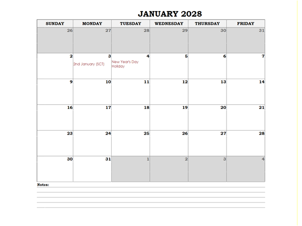 2028 UK Monthly Calendar with Notes