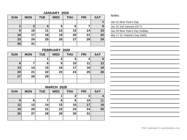 2028 UK Quarterly Calendar with Holidays