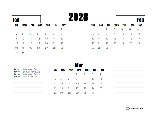 2028 UK Quarterly Planner Template