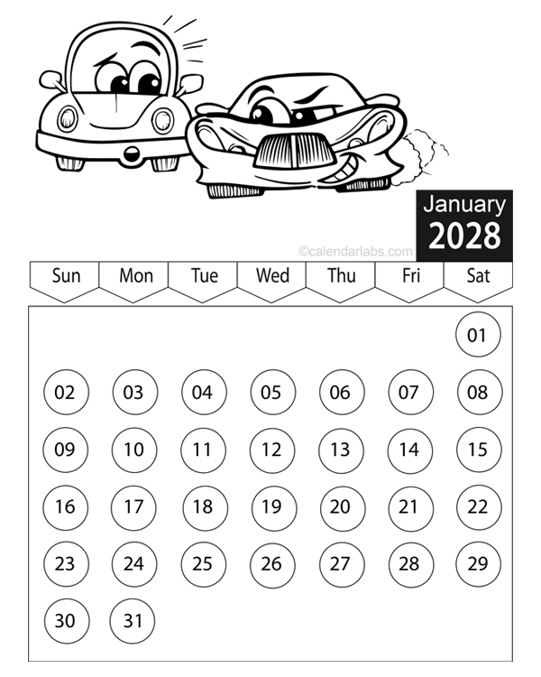 2028 Vehicle Coloring Calendar