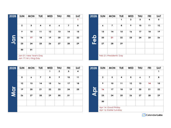 2028 Word Calendar Four Months Per Page