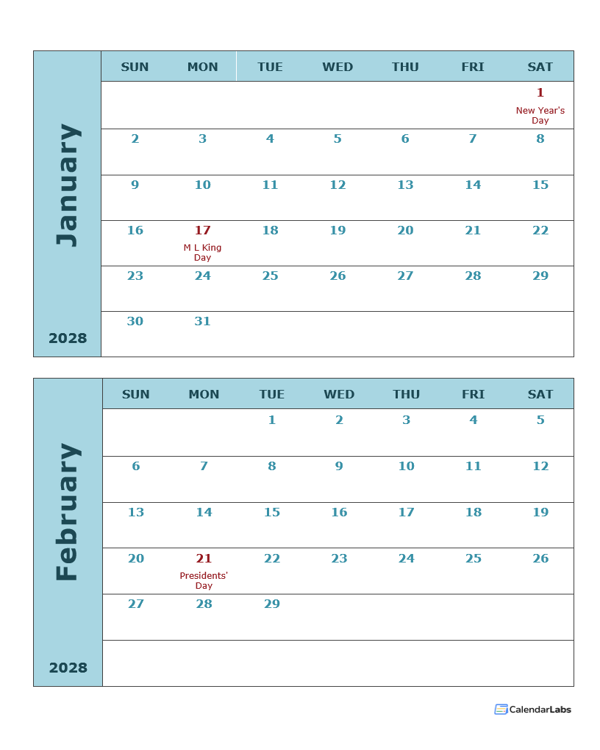 2028 Word Calendar Two Months Per Page