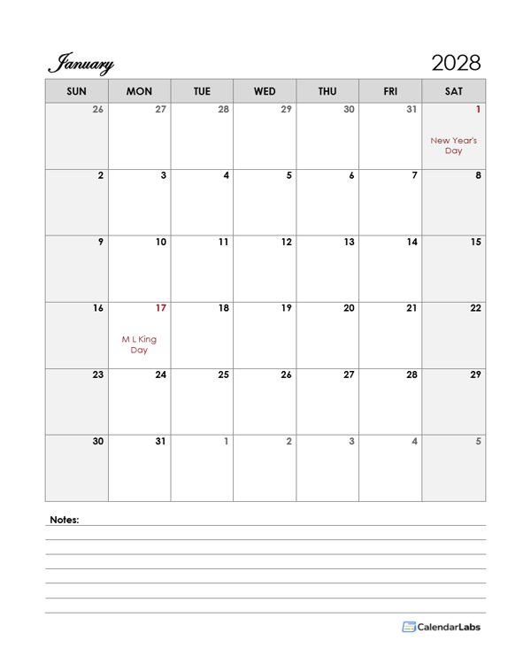 2028 Word Calendar Template With Notes