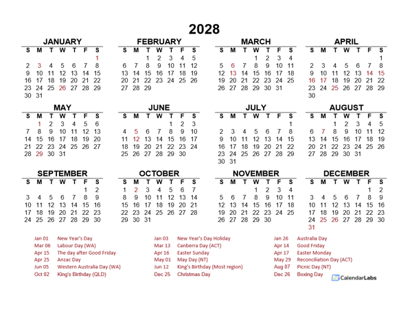 2028 Year at a Glance Calendar with Australia Holidays