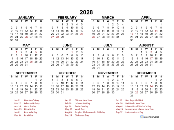 2028 Year at a Glance Calendar with Indonesia Holidays