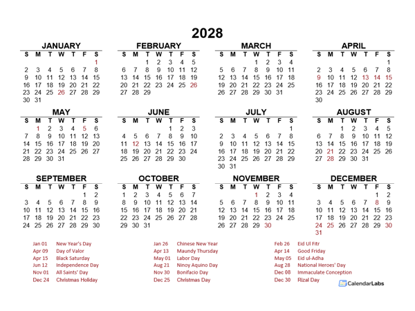 2028 Year at a Glance Calendar with Philippines Holidays