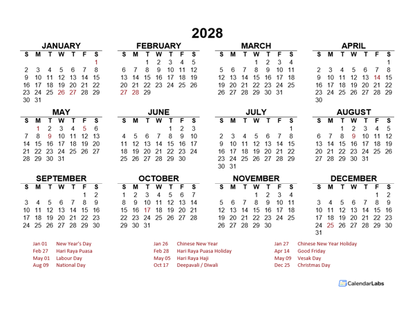 2028 Year at a Glance Calendar with Singapore Holidays