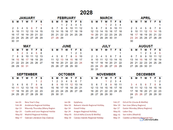 2028 Year at a Glance Calendar with Spain Holidays