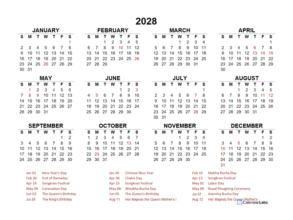 2028 Year at a Glance Calendar with Thailand Holidays